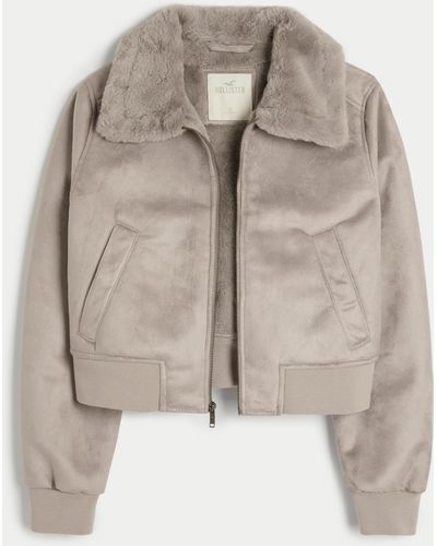 Hollister Faux Fur-lined Faux Suede Crop Bomber Jacket - Natural