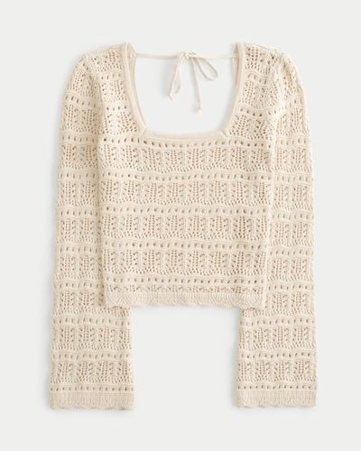 Hollister Long-sleeve Square-neck Crochet-style Jumper - Natural