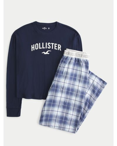 Hollister Long-sleeve Logo Graphic Tee & Wide-leg Flannel Pyjama Trousers Set - Blue