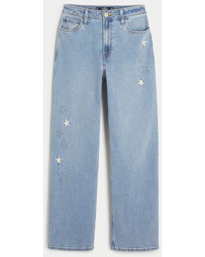 Hollister Ultra High-rise Medium Wash Star Embroidered Dad Jeans - Blue