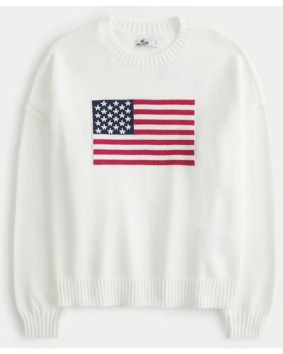 Hollister Oversized-Sweatshirt mit Rundhalsausschnitt und US-Flagge. - Weiß