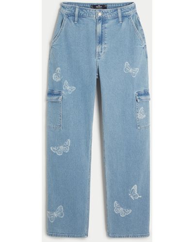Hollister Ultra High-rise Light Wash Butterfly Print Cargo Dad Jeans - Blue