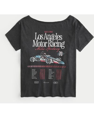 Hollister Oversized Off-the-shoulder Los Angeles Motor Racing Graphic Tee - Black