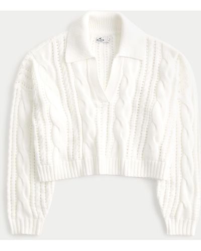 Hollister Easy Long-sleeve Cable-knit Polo Jumper - White