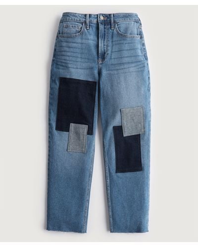 Hollister Curvy Ultra High-rise Dark Wash Patchwork Vintage Ankle Straight Jeans - Blue