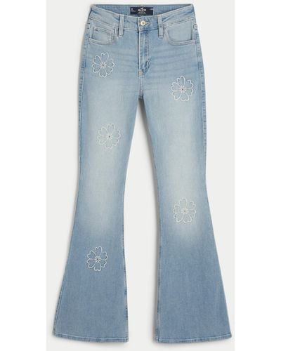 Hollister High-rise Medium Wash Floral Embroidered Flare Jean - Blue