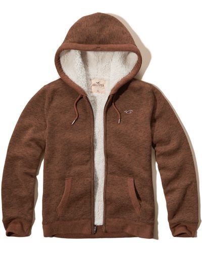 Hollister Sherpa Lined Textured Hoodie - Brown