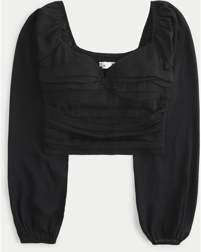 Hollister Long-sleeve Notched Neck Ruched Top - Black