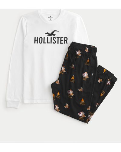 Hollister Long-sleeve Logo Graphic Tee & Flannel Pyjama Trousers Set - Black
