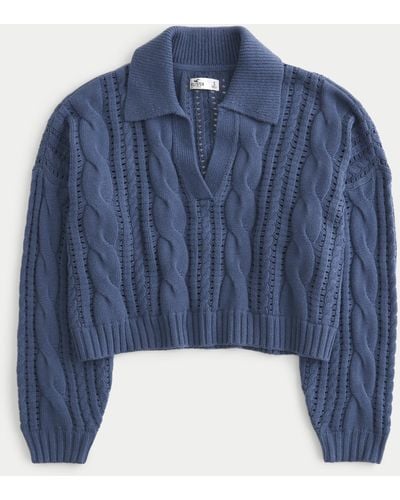Hollister Easy Long-sleeve Cable-knit Polo Jumper - Blue