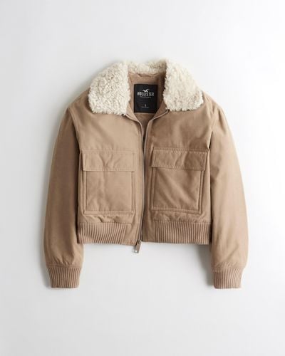 Hollister Faux Fur-lined Sherpa Collar Bomber Jacket - Brown