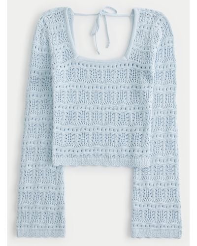 Hollister Long-sleeve Square-neck Crochet-style Jumper - Blue