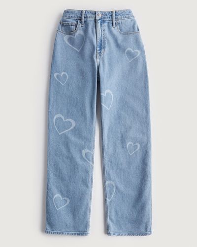 Hollister Ultra High-rise Medium Wash Heart Print Dad Jeans - Blue