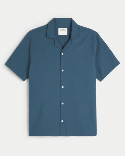 Hollister Short-sleeve Textured Cotton Shirt - Blue