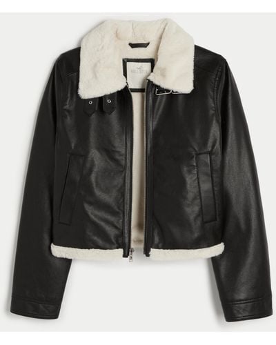 Hollister Faux Fur-lined Vegan Leather Crop Biker Jacket - Black