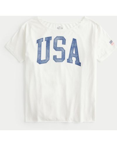 Hollister Oversized Off-the-shoulder Usa Graphic Tee - White