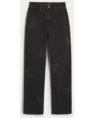Hollister Ultra High-rise Washed Black Butterfly Print Dad Jeans