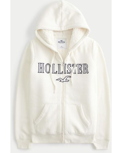 Hollister Faux Shearling-lined Zip-up Logo Graphic Hoodie - White