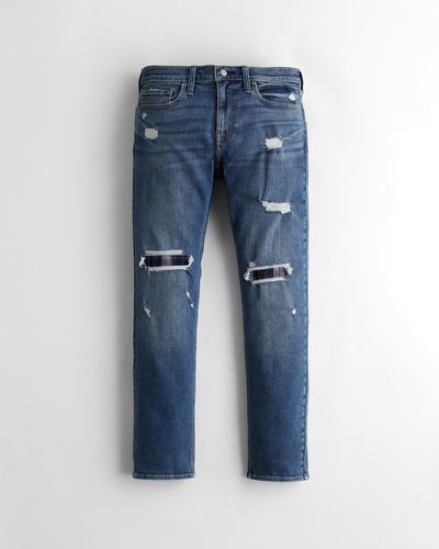 Hollister Ripped Medium Wash Patched Slim Straight Jeans - Blue