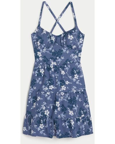 Hollister Open Back Linen Blend Mini Dress - Blue