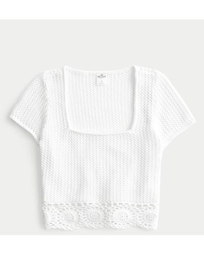 Hollister Short-sleeve Square-neck Crochet-style Top - White