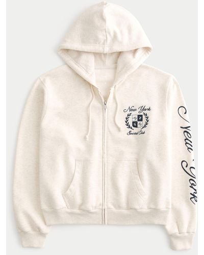 Hollister Easy New York Social Club Graphic Zip-up Hoodie - Natural