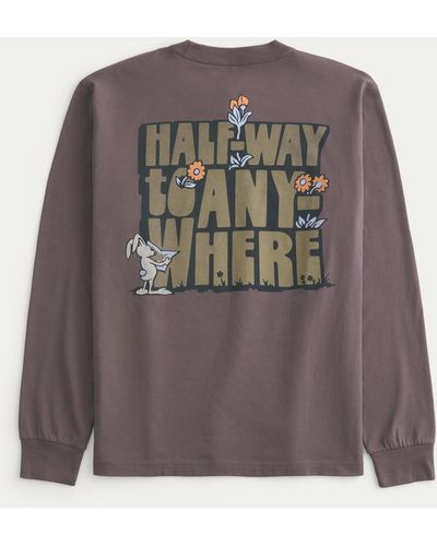 Hollister Relaxed Long-sleeve Halfway To Anywhere Logo Graphic Tee - Grey