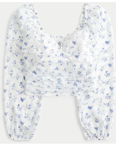 Hollister Long-sleeve Notched Neck Ruched Top - White