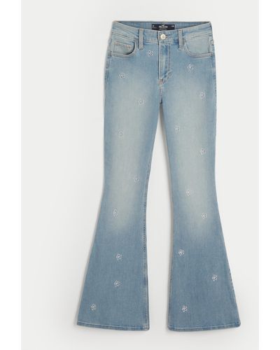Hollister High-rise Light Wash Daisy Embroidered Flare Jeans - Blue