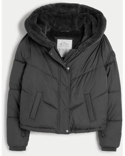 Hollister Ultimate Faux Fur-lined Hooded Puffer Jacket - Black