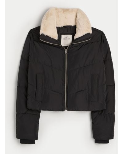 Hollister Mini Zip-up Faux Fur Collar Puffer Jacket - Black