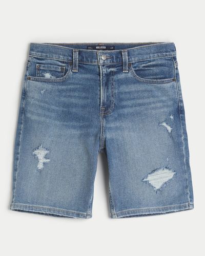 Hollister Ripped Medium Wash Loose Denim Shorts 9" - Blue