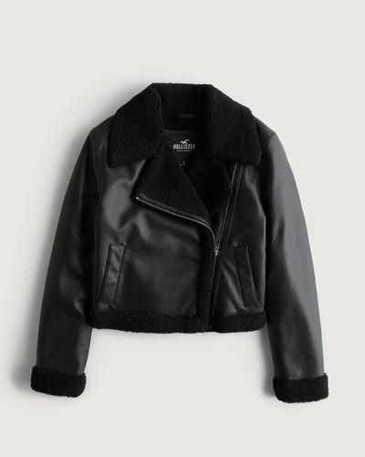 Hollister Crop Sherpa-lined Faux Leather Biker Jacket - Black