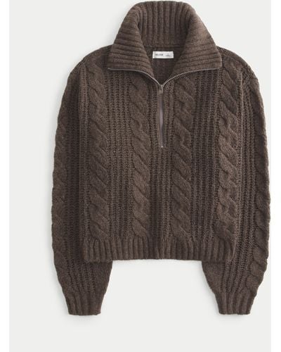 Hollister Oversized Cosy Half-zip Cable-knit Jumper - Brown