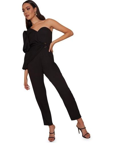 Chi Chi London Puff Sleeve One Shoulder Belted Jumpsuit In - Black