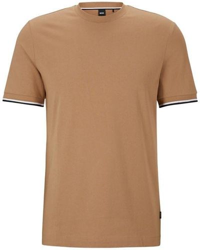 BOSS Cotton-jersey T-shirt With Signature-stripe Cuffs - Brown