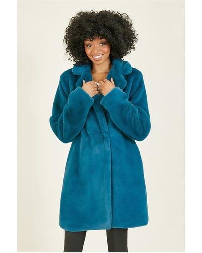 Yumi' Teal Faux Fur Coat - Blue