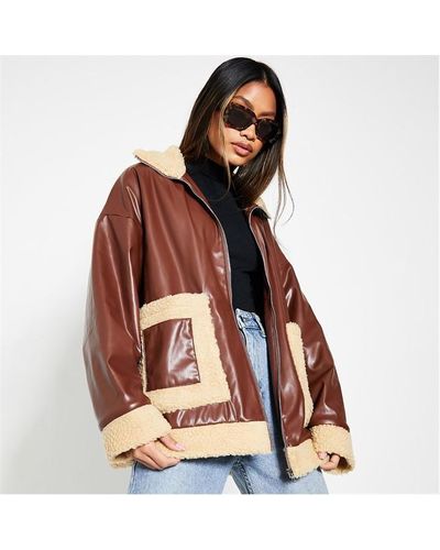 I Saw It First Faux Leather Borg Lined Zip Up Jacket - Brown