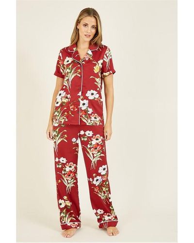 Yumi' Floral Satin Pyjamas - Red