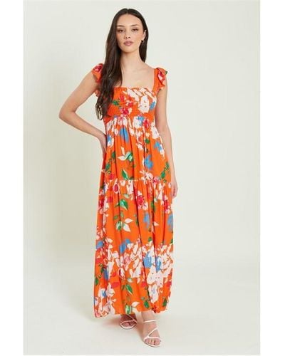 Be You Frill Shoulder Tier Maxi Dress - Red