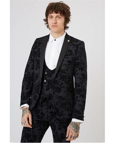 Twisted Tailor Fleet Skinny Fit Floral Tux Jacket - Black