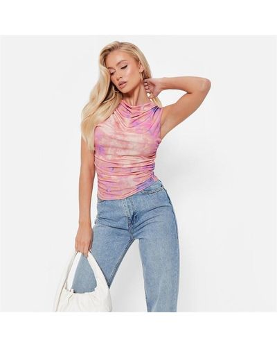 I Saw It First Tie Dye Cowl Neck Ruched Sleeveless Top - Blue