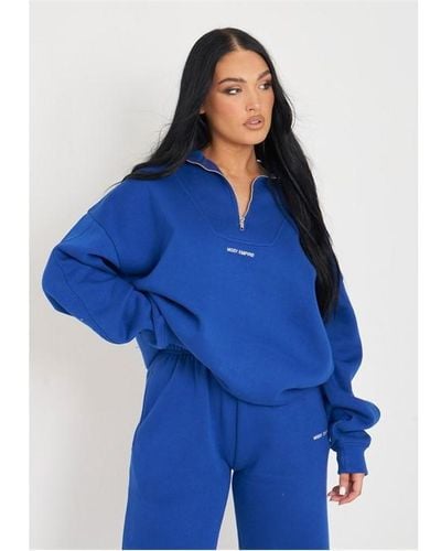 Missy Empire Cobalt Embroidered Half Zip Oversized Sweatshirt - Blue
