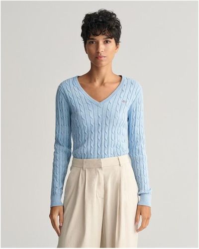 Stretch Cotton Cable Knit V-Neck Sweater