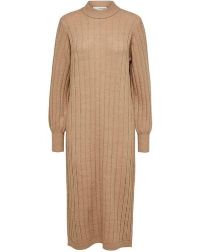 SELECTED Curved Ribbed Knitted Dress - Brown