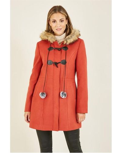 Yumi' Burnt Duffle Coat With Fur Trim - Red