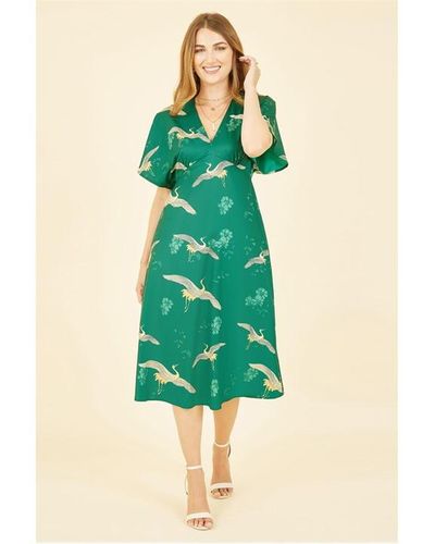 Yumi' Crane Print Kimono Midi Dress - Green