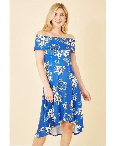 Mela London Floral Bardot Dipped Hem Dress - Blue