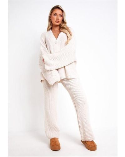 Missy Empire Chantelle Grey Chunky Knit Cardigan & Trouser Set - Natural