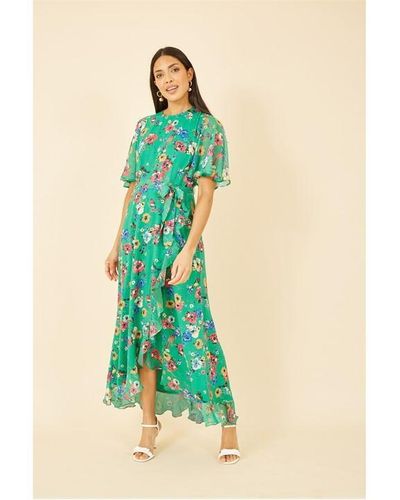 Yumi' Floral Bird Print Midi Frill Dress - Green